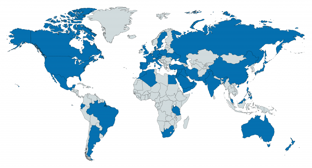 A world map with countries highlighted in blue to indicate countries with centes that are part of the international RRD consortium